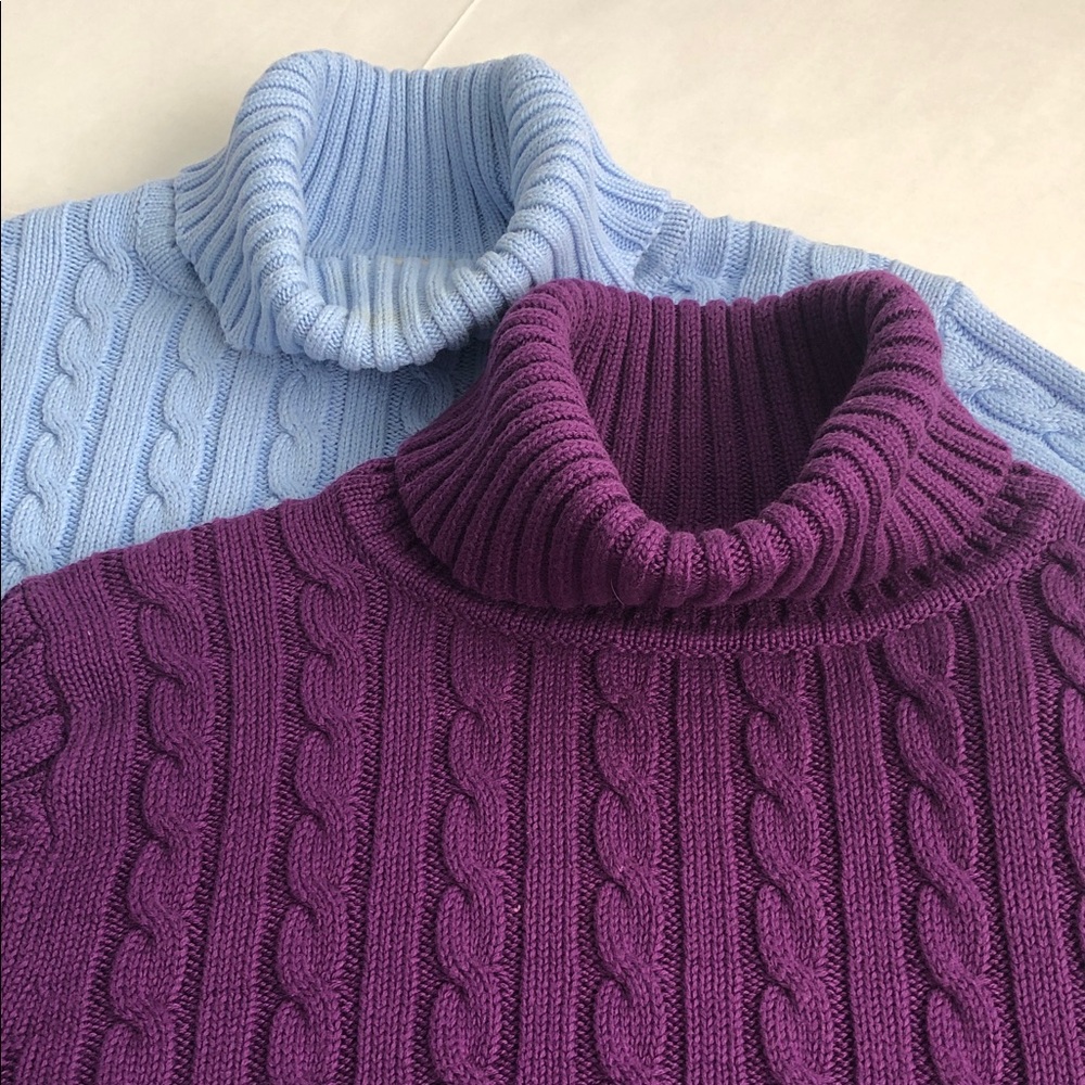 L.L. Bean Two Cotton Cable Knit Turtleneck Sweaters Purple and Blue Medium